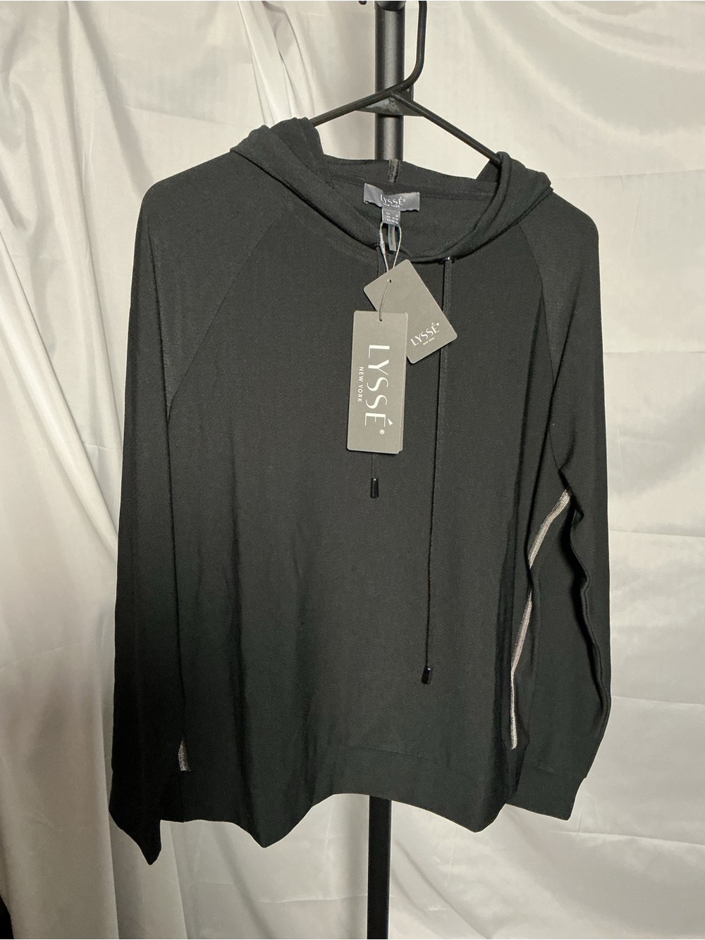 NWT LYSSÉ Black Hoodie Size M Side Embellishment Detail Drawstring Hood
